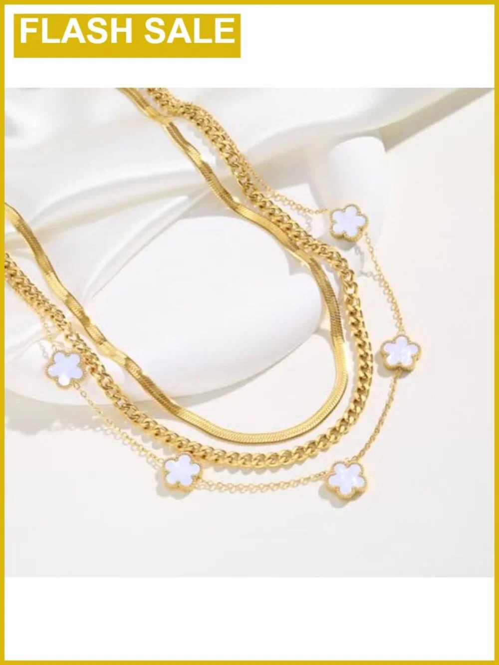 18K Gold Plated Layered Necklace Set 3Pc Herringbone Cuban Link Floral